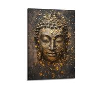 CENGLIS Poster con Buddhismo indiano dorato - foglia di Buddha in rilievo testa in rilievo poster moderno da parete su tela decorazione estetica pittura 50 x 75 cm con cornice