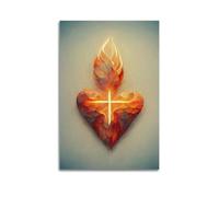 CENGLIS Poster con illustrazione del Sacro Cuore con croce e fiamma, arte moderna su tela, decorazione estetica da parete, 20 x 30 cm, senza cornice