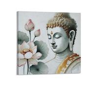 CENGLIS Stampa artistica da parete moderna su tela con motivo buddismo indiano ad acquerello, con testa di Buddha e loto, 50 x 50 cm, con cornice
