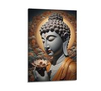 CENGLIS Stampa artistica da parete moderna su tela con motivo buddismo indiano, motivo loto con Buddha che tiene in mano, 50 x 75 cm, con cornice