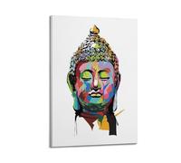CENGLIS Stampa artistica da parete su tela con stampa di Buddhismo indiano, colorata, con collage di testa di Buddha, decorazione artistica da parete, 50 x 75 cm, con cornice