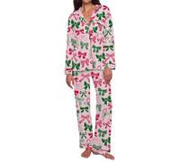 Cenifin Comodo set di pigiama natalizio da donna a maniche lunghe con bottone e pantaloni con elastico in vita per abbigliamento domestico accogliente nella stagione invernale