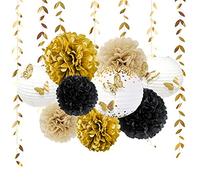 CENPEK - Kit di Decorazioni per Feste in Oro, 18 Pezzi, per Appendere ventagli di Carta, Lanterne con Pompon e Fiori con Farfalle 3D e Foglie Dorate, per Compleanni, Matrimoni, Feste a Tema