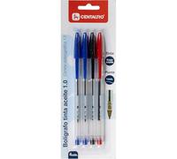 Centauro - Confezione da 4 penne inchiostro blu, rosso e nero, base olio, punta 1 mm, elevata durata, asciugatura rapida, perfetta come materiale scolastico e da ufficio