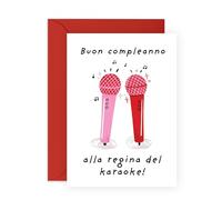 Central 23 Biglietto Auguri Karaoke Queen Fun Musicale Cartolina Microfoni Note Amici Cantante Idea Regalo Con Adesivi
