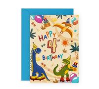 Central 23 Biglietto auguri per 4° compleanno ragazzo, dinosauro, 4 anni, regalo per il quarto compleanno per bambini, biglietto di auguri per figlio, nipote e fratello, fornito con adesivi