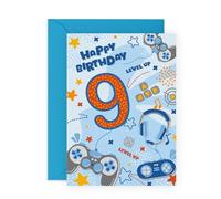 Central 23 Biglietto compleanno per bambini di 9 anni, per ragazzi, buon nono compleanno, videogiochi, età nove anni, regalo per figlio, nipote fratello, Viene fornito con adesivi