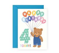 Central 23 Biglietto di auguri per 4° compleanno, per quattro anni, con orsacchiotto con palloncini, per ragazzi, ragazze, bambini, figlio, figlia, nipote, quarto compleanno, fornito con adesivi e