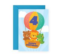 Central 23 Biglietto di auguri per il 4° compleanno, per quattro anni, motivo: animali in mongolfiera, per bambini, ragazzi, ragazze, figlio, figlia, nipote, nipote, nipote, quarto compleanno, fornito