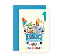 Central 23 Biglietto di auguri per il primo compleanno per ragazzi - BDAY CAR ANIMALS Età 1 - Biglietto di auguri per bambini - Un anno - Figlio - Bambino - Viene fornito con adesivi