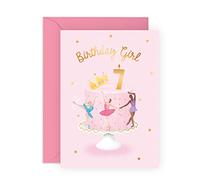 Central 23,Biglietto di auguri per il settimo compleanno per ragazze, 7 anni, con scritta in lingua inglese Crown Ballerina, per torta rosa, per bambini, con adesivi divertenti