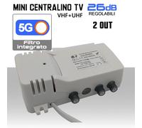 Centralino antenna TV 1 ingresso 2 uscite 26dB regolabile UHF VHF filtro 5G