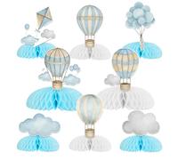 Centrotavola a nido d'ape con mongolfiera, 8 pezzi, blu, mongolfiera, nuvole, centrotavola, viaggio, avventura, attende decorazioni da tavolo per ragazzi e ragazze, compleanno, baby shower forniture