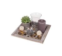 Centrotavola Decorativo con Piatto e 2 Portalumini e Candele - Set con Pietre Decorative, in Legno e Vetro, 20x20cm, Marrone, per Studio, Camera, Soggiorno