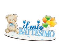 Centrotavola Maxi Scritta in Legno Il Mio Battesimo Celeste con Orsacchiotto 35x