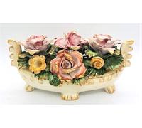 Centrotavola Ovale Gondola con Fiori Multicolore in Porcellana Capodimonte Oro =