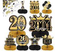 CentrotavolaCompleanno A Nido d'Ape, Decorazione Tavolo 20 Anni, Addobbi Oro Nero Happy Birthday