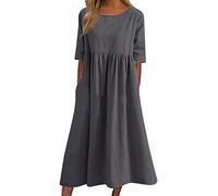 CENUHE 2023 Donne Cotone Lino Abito Manica Corta Crewneck Tasca Abito, Donna Estate Abito (Medium,A-1)