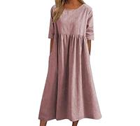 CENUHE 2023 Donne Cotone Lino Abito Manica Corta Crewneck Tasca Abito, Donna Estate Abito (Medium,A-7)