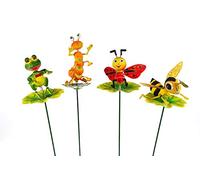 Cepewa, set da 4 pezzi di fiori con animali su foglia, per decorazione da giardino e vasi, per aiuole, lunghezza asta circa 60 cm.
