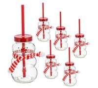 Cepewa Set di 6 bicchieri a forma di pupazzo di neve, capacità 260 ml, vetro con coperchio e cannuccia (1 set da 6 pupazzo di neve)