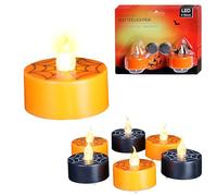 Cepewa Set di 6 candele a LED per Halloween, diametro 4 x 2,5 cm, in plastica, colore arancione, nero, senza fiamma, giallo tremolante, funzionamento a batteria