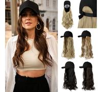 Cephermer Parrucca con cappello da baseball, cappello con capelli attaccati, 61 cm, cuffia nera regolabile con extension di capelli sintetici lunghi ondulati, per donne e ragazze (biondo cenere mix