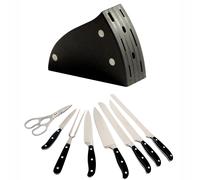 Ceppo in Legno con 8 coltelli forgiati da cucina 45x8xh30 cm coltelli manici in resina Acetalica Nera Legno lavorati a mano Lama in Acciaio Inox X60-CR-MO-VA18 nero