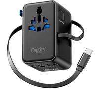 Ceptics GAN Adattatore da viaggio universale da 100 W con cavo USB C retraibile, 2 USB-A & C, ingresso universale e 1 ingresso US/JP, adattatore universale 7 in 1 per viaggi in tutto il mondo