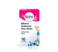 Cera a freddo Veet, depilazione, bikini e ascelle, pelle sensibile, 16 strisce ciascuna, 3 salviette per finitura (la confezione può variare)