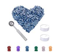 Ceralacca Kit, Perline Ottagonali di Ceralacca, 200 Pezzi con 2 Candele da Tè e 1 Cucchiaio da Sciogliere, Cera Lacca per Sigilli DIY per Inviti di Compleanno e Matrimoni (Blu)