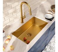 Ceramia Timeless Lavello Sottopiano 68x45 cm Inox 304 | Miscelatore con Doccetta Estraibile | Finitura Oro Spazzolato | Installazione Facile