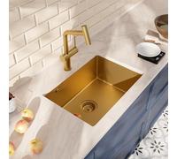 Ceramia Timeless Lavello Sottotop 55x45 cm Inox 304 | Miscelatore con Doccetta Estraibile | Finitura Oro Spazzolato | Installazione Facile