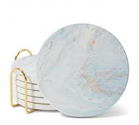 Ceramic Absorbent Coasters Set of 6 with Holder, Marble Drink Coasters for Coffee Table, Water Absorbing Coaster (White)