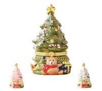 Ceramic Christmas Tree Jewelry Box with Teddy Bear, Hinged Trinket Organizer for Holiday Decor, Gift Storage & Xmas Tree Ornament (White)