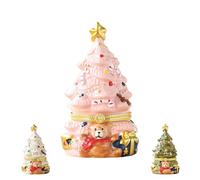 Ceramic Christmas Tree Jewelry Box with Teddy Bear, Hinged Trinket Organizer for Holiday Decor, Gift Storage & Xmas Tree Ornament (Pink)