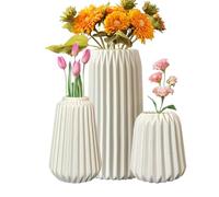 Ceramic Flower Vase - White Ribbed Textured Decorative Containers, Modern Bohemian Centerpiece Arrangement for Entry Hall Console Desk Shelf | Artistic Home Interior Styling Accent