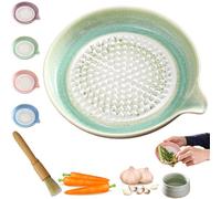 Ceramic Grater Plate with Spout - Handcrafted Gradient Garlic Grater Plate & Ginger Mincer - Includes Cleaning Brush - Spill-Free Porcelain Dish for Puree, Cheese, Ginger, Garlic. (Green,1Pc)