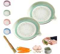 Ceramic Grater Plate with Spout - Handcrafted Gradient Garlic Grater Plate & Ginger Mincer - Includes Cleaning Brush - Spill-Free Porcelain Dish for Puree, Cheese, Ginger, Garlic. (Green,2Pcs)