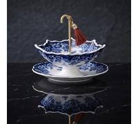 Ceramic Umbrella Tea Strainer for Loose Leaf Tea, Blue and White Porcelain Tea Infuser with Drip Tray & Copper Handle, Fine Micro-Pore Filter for Gongfu Brewing & Coffee, 4.1" Tall (Blue)
