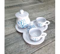 Ceramica sarda servizio da 2 da caffè con zuccheriera corallo Dipinta a mano