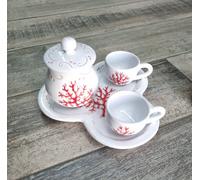 Ceramica sarda servizio da 2 da caffè con zuccheriera corallo Dipinta a mano