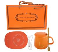 Ceramica Tazza Termica Elettrica con Riscaldamento Automatico | Set Regalo con Coperchio e Cucchiaio, Colore Arancia, per Scrivania e Feste Natalizie, Confezione Presente