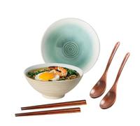 Ceraozmus 2 ciotole in ceramica per ramen, 20 cm, con cucchiaio e bacchette, per zuppa di ramen, pho, udon, spaghetti asiatici, grandi ciotole per noodle (smalto bianco, 2 set)