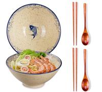 Ceraozmus 2 ciotole in ceramica per ramen da 1134 g, grandi ciotole giapponesi per noodles da 20,3 cm, bacchette e cucchiai, adatte per noodles asiatici Pho, Udon (set da 2 pesci giapponesi)
