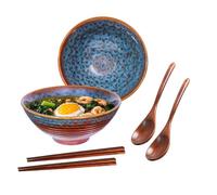 Ceraozmus 2 ciotole Ramen in ceramica - 1200 ml - 20 cm - con cucchiaio e bacchette per Ramen Soup Pho Udon Asian Noodles,Large Noodle Bowls (smalto rosso e blu 2 set)