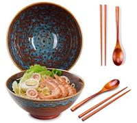 Ceraozmus 2X Ciotola per Ramen in Ceramica - 1200ml - 20 cm - con Cucchiaio e Bacchette per Zuppa di Ramen, Pho, Udon e Noodles Asiatici, Grandi Ciotola per Noodle (Smalto Occhio di Gatto 2 Set)