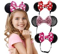 Cerchietti classici a pois con orecchie di Minnie con fiocco lucido con paillettes (3 pezzi) - orecchie di topo per ragazze e donne - fascia elastica regolabile senza mal di testa, pieno glitter