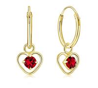 Cerchietti Orecchini Pendenti Cuore Argento 925 Placcati Oro 24K con Brillantini Punto Luce Rosso Rubino 3 mm - Orecchini Rossi Donna Eleganti e Ipoallergenici - Diametro Cerchietto 14 mm