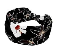 Cerchietti per capelli da donna, motivo giglio bianco disegnato a mano, sfondo nero, alla moda, larga, fascia elastica per la testa, fascia elastica per la testa, fascia per il sudore e lo sport, per